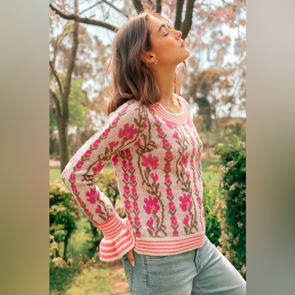 Fuchsia pink floral intarsia Puff striped Sleeve boho bohemian ribbed sweater - Picture 4 of 12